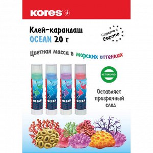 Клей-карандаш 20г Kores Ocean ассорти:прозрачный син, голуб, фиол...