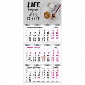 Календарь настенный 3-х блочный 2022, 305х675, Офис.Кофе, 3 спир,...