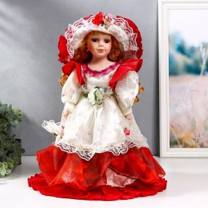 Кукла коллекционная керамика "Мадмуазель Есения в бело-бордовом платье и шляпке" 40 см