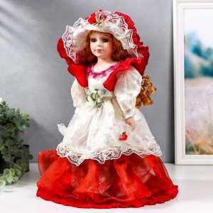 Кукла коллекционная керамика "Мадмуазель Есения в бело-бордовом платье и шляпке" 40 см