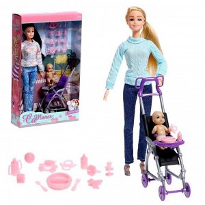 Кукла модель шарнирная "Дженнифер" с малышом, коляской и аксессуарами МИКС