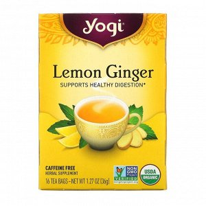 Yogi Tea, лимон и имбирь, без кофеина, 16 чайных пакетиков, 36 г (1,27 унции)