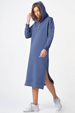 Платье-худи теплое с капюшоном из футера индиго