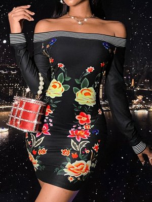 SXY Облегающее платье в полоску с цветочным принтом и открытыми плечами