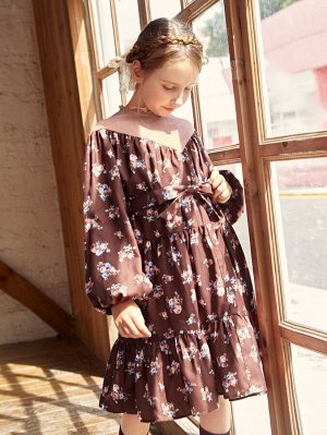 Платье с поясом с цветочным принтом с рукавами-фонариками с оборками для девочек