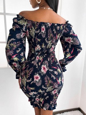 SXY Платье с цветочным принтом и открытыми плечами