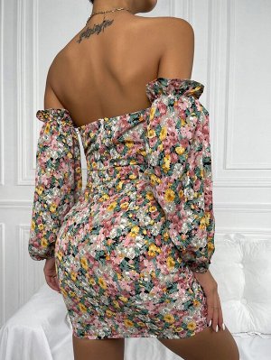 Облегающее платье с цветочным принтом с открытыми плечами со сборками с узлом