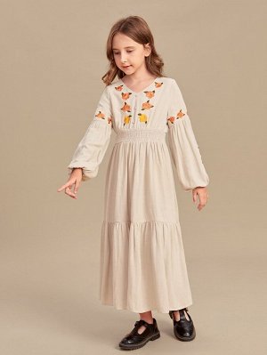 Платье с цветочной вышивкой с рукавами-фонариками для девочек