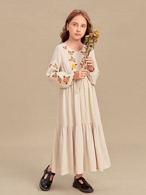 Платье с цветочной вышивкой с рукавами-фонариками для девочек