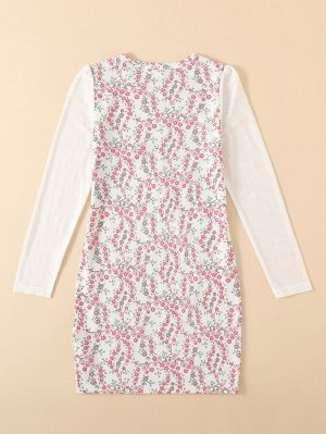 Контрастное сетчатое платье с цветочным принтом для девочек