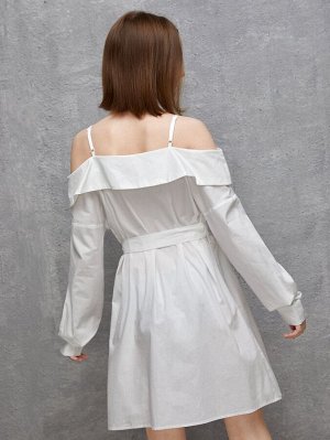 Для девочек-подростков Платье с поясом на пуговицах с открытыми плечами