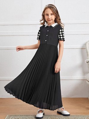 Платье с контрастным воротником в клетку на пуговицах для девочек