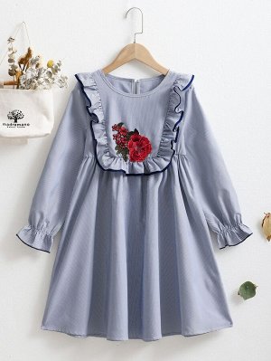 Платье в полоску с цветочной вышивкой с оборкой с рукавами-воланами для девочек