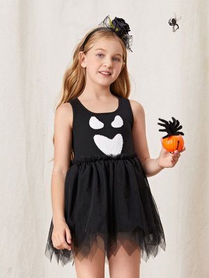Платье с принтом хэллоуин с сетчатой отделкой для девочек