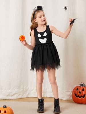 Платье с принтом хэллоуин с сетчатой отделкой для девочек