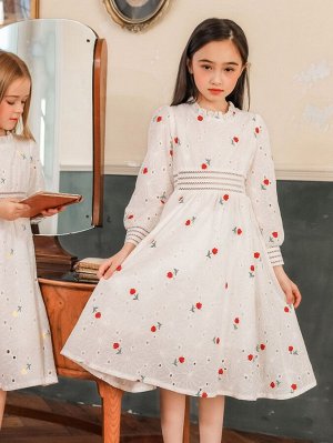 1шт Платье с цветочной вышивкой с рукавами-фонариками для девочек