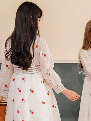 1шт Платье с цветочной вышивкой с рукавами-фонариками для девочек