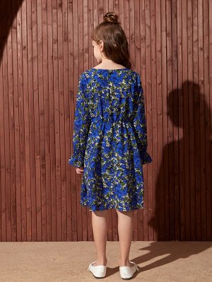 Платье с цветочным принтом с v-образным вырезом с рукавами-воланами для девочек