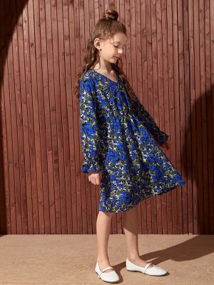 Платье с цветочным принтом с v-образным вырезом с рукавами-воланами для девочек