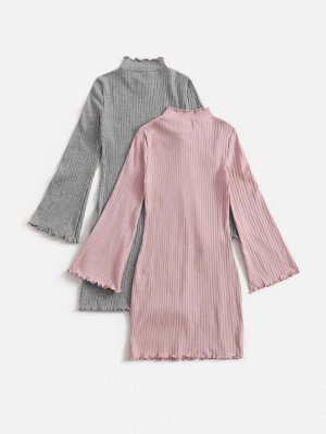 2шт Вязаное платье в рубчик с волнистой отделкой для девочек