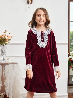 Платье с кружевной отделкой с рукавами-воланами из бархата для девочек