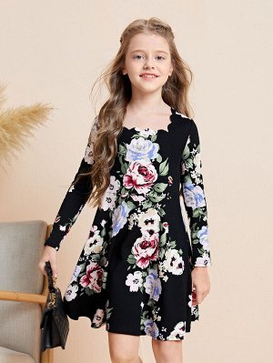 SheIn Платье с цветочным принтом с фестончатой отделкой для девочек