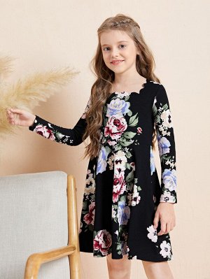 Платье с цветочным принтом с фестончатой отделкой для девочек
