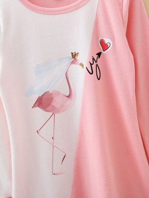 Платье-футболка двухцветный с принтом фламинго для девочек