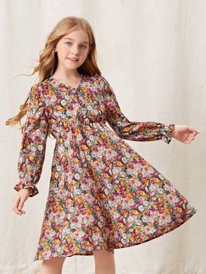 Платье с цветочным принтом с рукавами-воланами для девочек