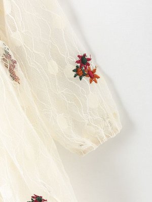 Платье с цветочной вышивкой с оборкой с рукавами-фонариками для девочек