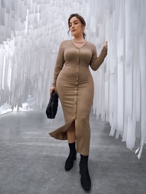 Облегающее платье на пуговицах в рубчик Plus Size