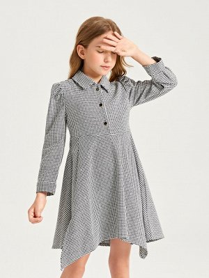 Асимметричное платье-рубашка с принтом "хаундстут" с пышным рукавом для девочек