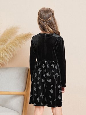 Платье с узором бабочки из бархата для девочек