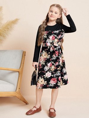 Платье с поясом с цветочным принтом контрастный для девочек