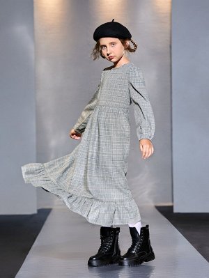 Платье в клетку с рукавами-фонариками с оборками для девочек