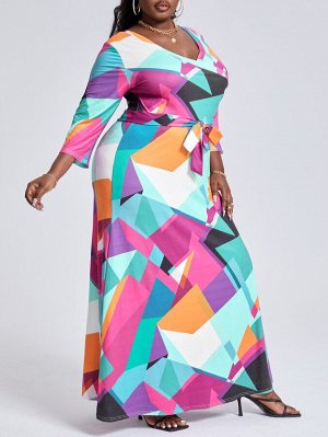SXY Контрастное платье с поясом с геометрическим принтом Plus Size