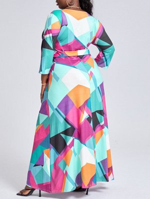 SXY Контрастное платье с поясом с геометрическим принтом Plus Size
