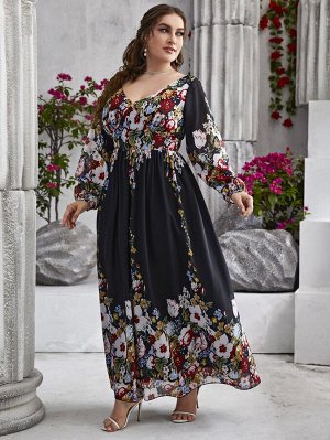 Plus Size Платье с цветочным принтом с v-образным вырезом