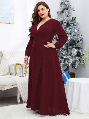 Платье Plus Size с поясом и пышным рукавом