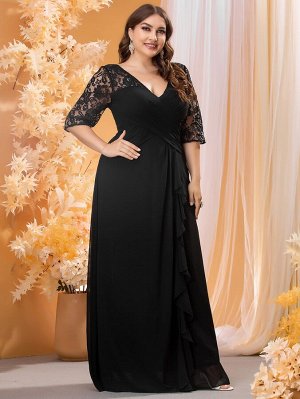 Plus Size Вечернее платье с кружевной отделкой с оборкой из шифона