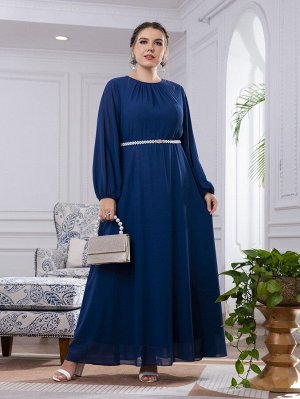 Plus Size Платье с поясом со сборкой с рукавами-фонариками