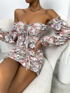 Облегающее платье с цветочным принтом с узлом с открытыми плечами со сборками