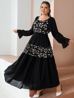 Plus Size Платье с цветочным принтом с рукавами-воланами
