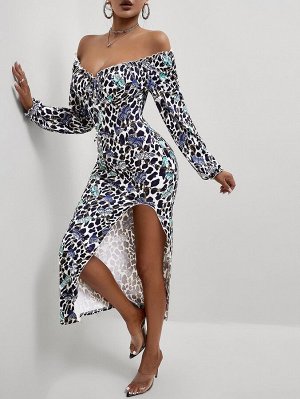 SXY Платье с леопардовым принтом и с принтом бабочки с рукавами-воланами с открытыми плечами разрез бедро