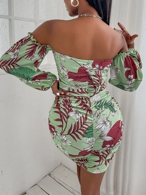 SXY Платье случайный с принтом листьев с открытыми плечами с узлом со сборками