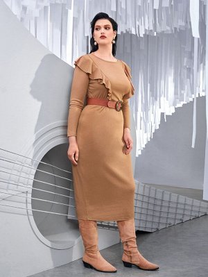 SheIn Облегающее платье в рубчик с оборкой без пояса Plus Size