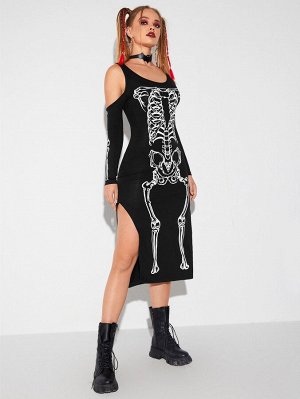Платье с принтом скелета открытыми плечами высоким разрезом