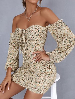 Облегающее платье с открытыми плечами с цветочным принтом с рукавами-фонариками