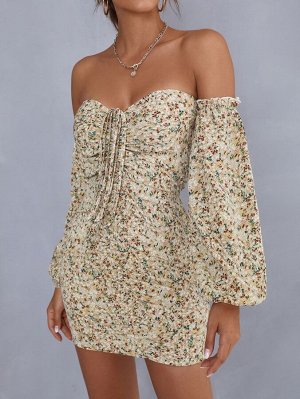Облегающее платье с открытыми плечами с цветочным принтом с рукавами-фонариками