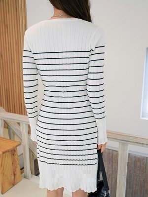 DAZY Платье-свитер с фестончатым краем вязаный в рубчик в полоску